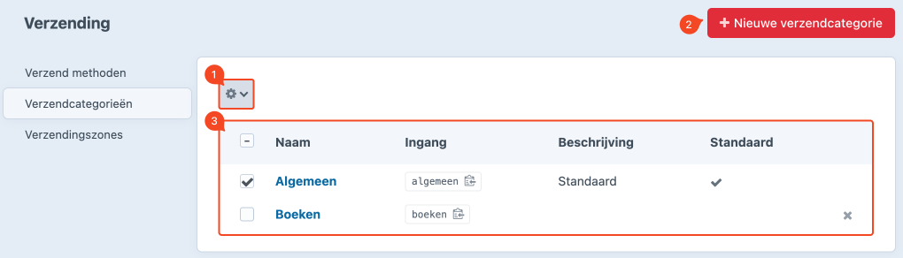 overzichtspagina verzendcategorien.