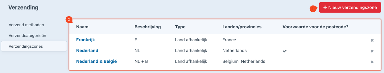 overzichtspagina verzendingszones.