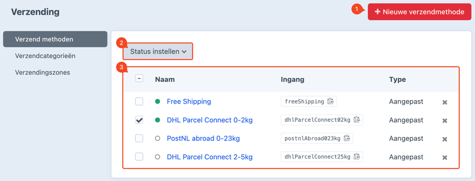 overzichtspagina verzendmethode.