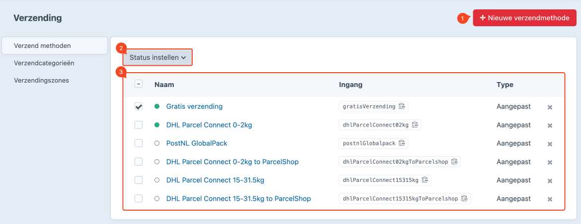 overzichtspagina verzendmethode.