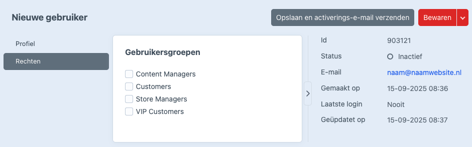 rechten nieuwe gebruiker.