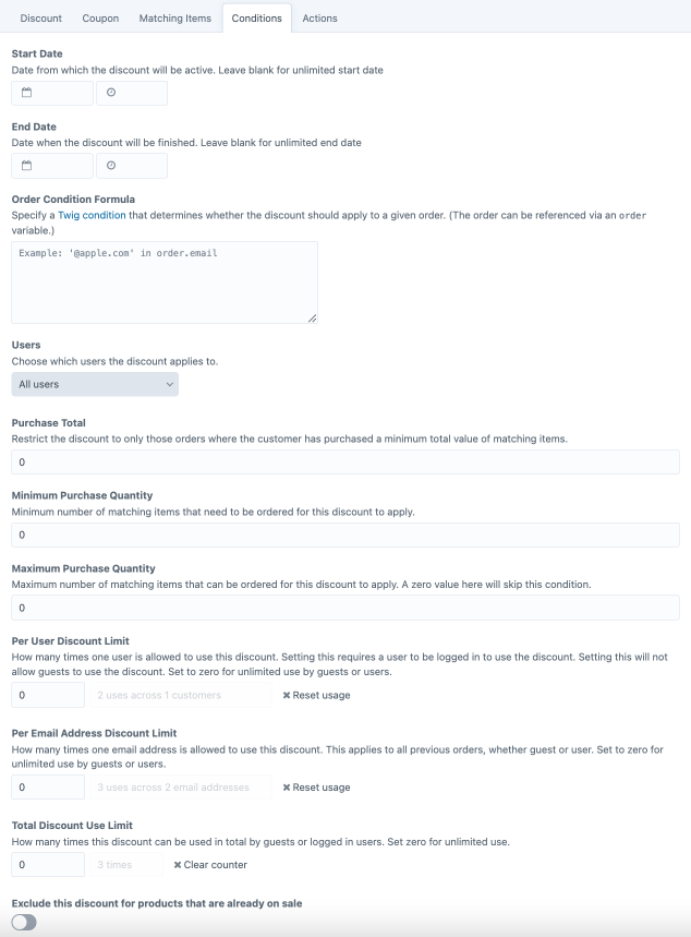 promotions discounts tab contitions.