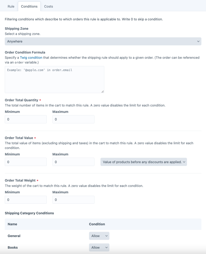 shipping methods shippingrules conditions.
